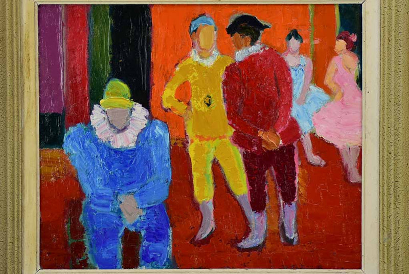 20th Century oil on canvas of clowns - Anna Costa 20¾" x 24½"
