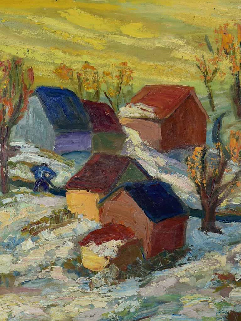 20th Century oil on wood - Autumn snow in a village in Provence - Anna Costa 34¼" x 28"