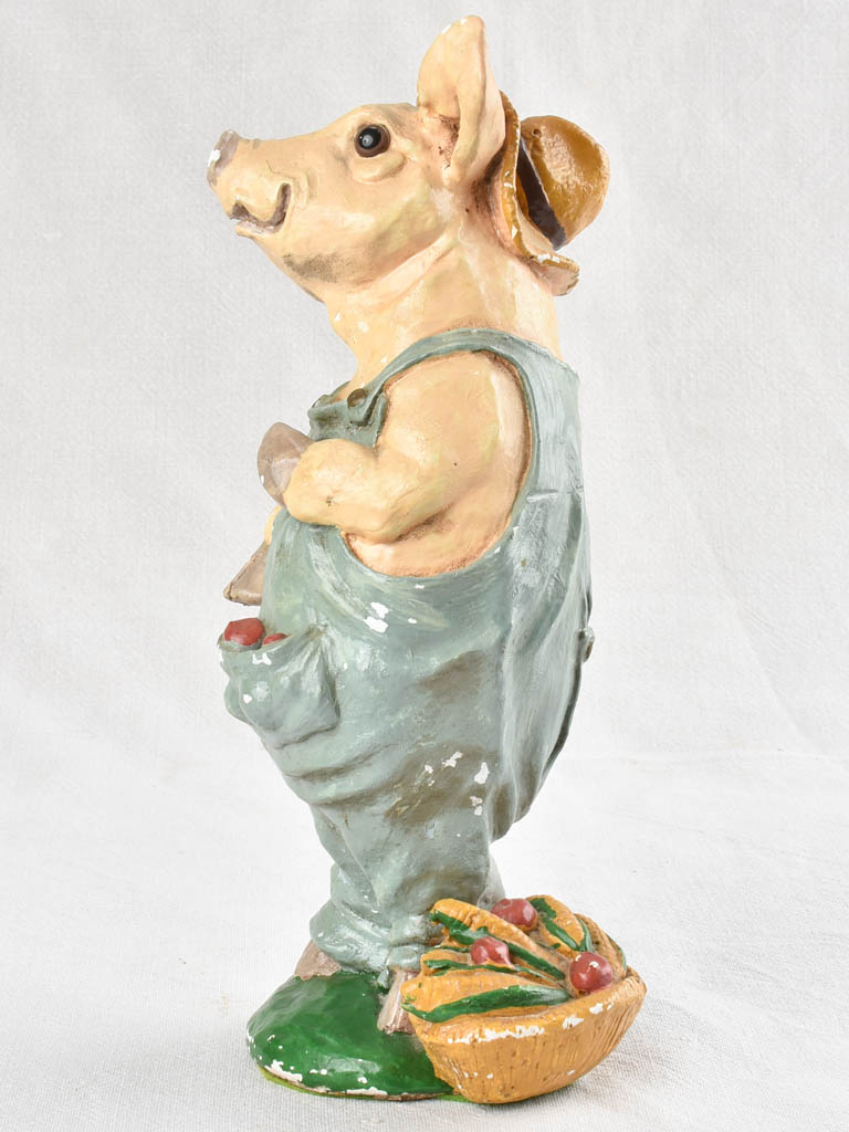 Rustic Pig Farmer Plaster Figurine