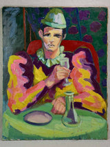 20th Century oil on canvas - Clown drinking at a table - Anna Costa 28¾" x 36¼"