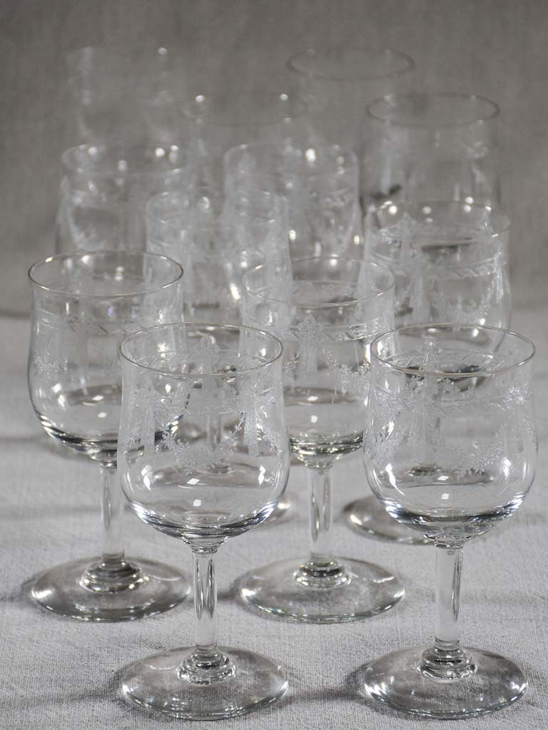 Set of ten antique Louis XVI style wineglasses with pretty garlands