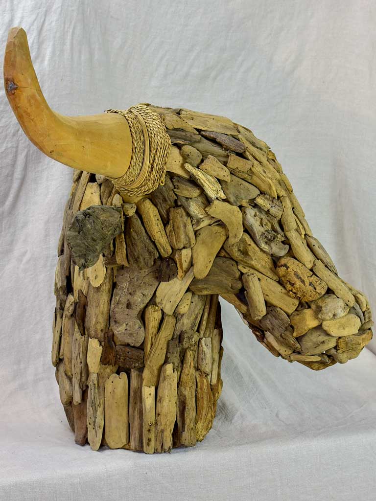 Life-size bull's head made from driftwood