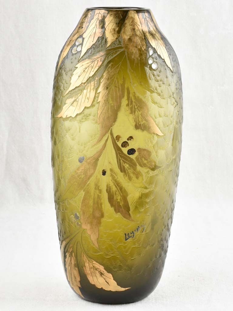 Antique, green, large, Legras glass vase