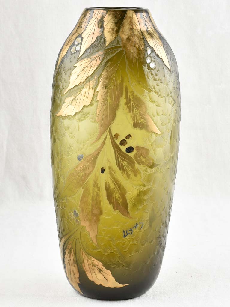 Large olive green glass vase - Legras - 19th century - 15¾"