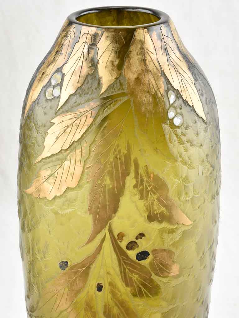 Hand-etched, gold-decorated, old olive-green vase