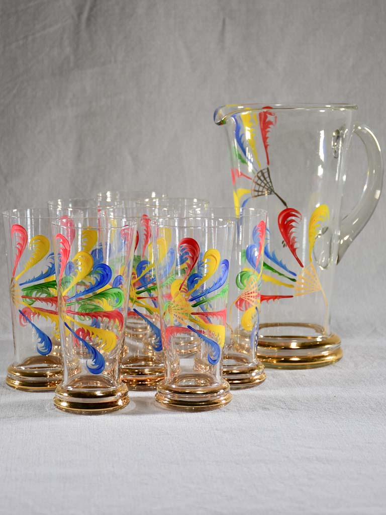 Rare set of eight tumblers with pitcher hand painted with feathers - Monte Carlo