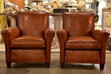 Pair of vintage French leather club chairs with square backs