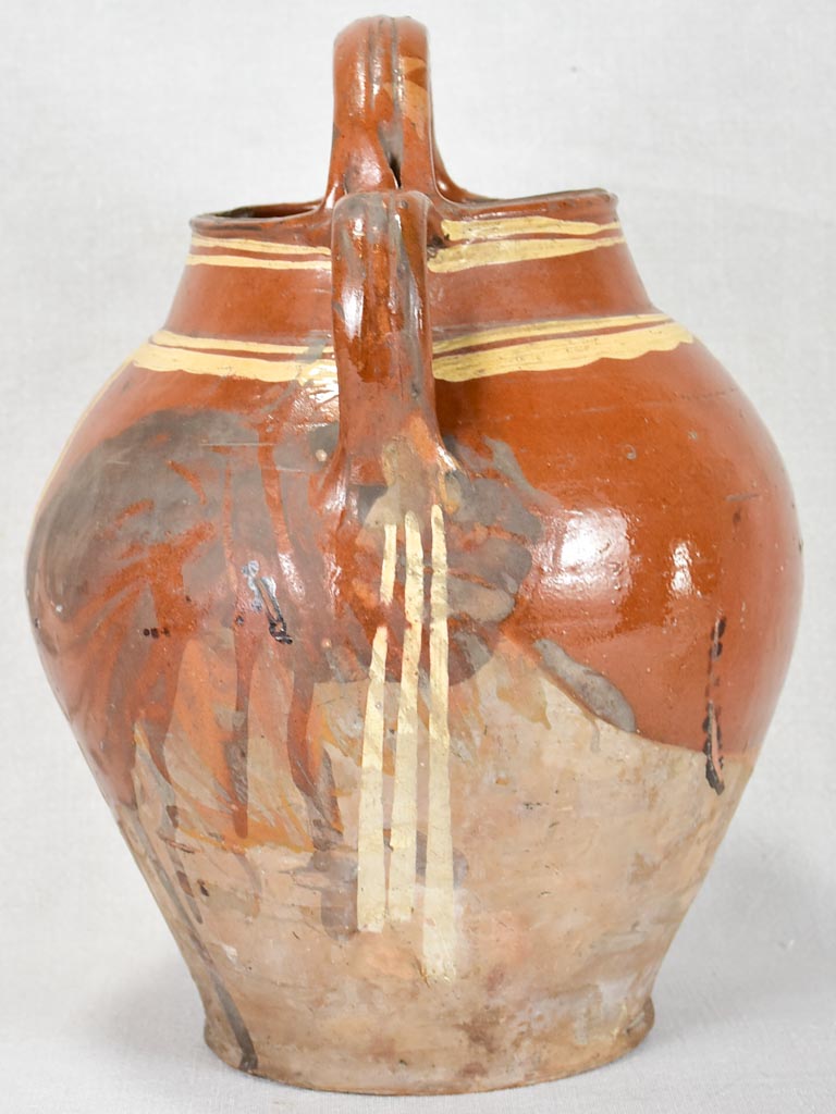 Large late 19th century French water pitcher with brown glaze and beige decoration 15¼"
