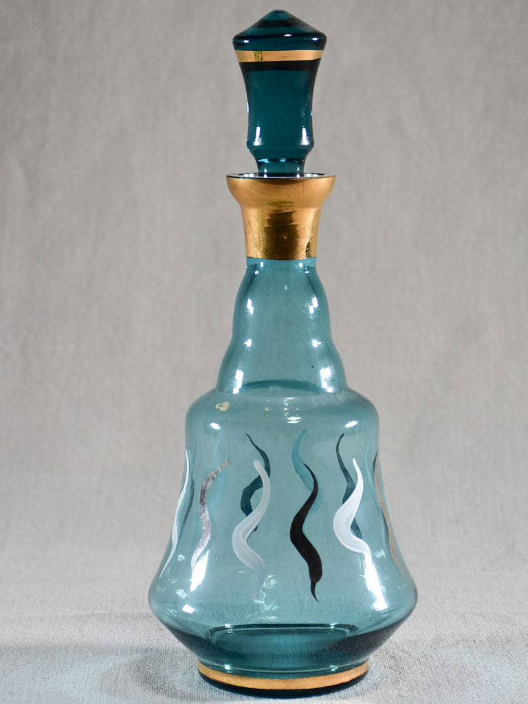 Set of six blue liqueur glasses with matching carafe