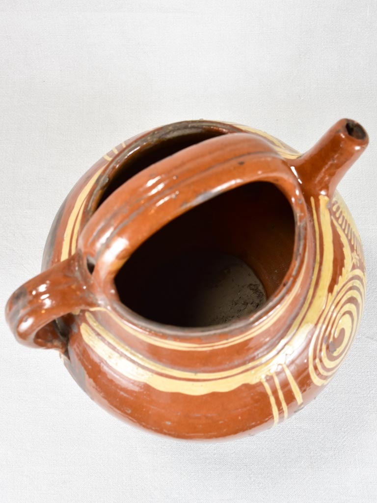 Large late 19th century French water pitcher with brown glaze and beige decoration 15¼"