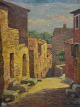 Charming vintage French village oil painting