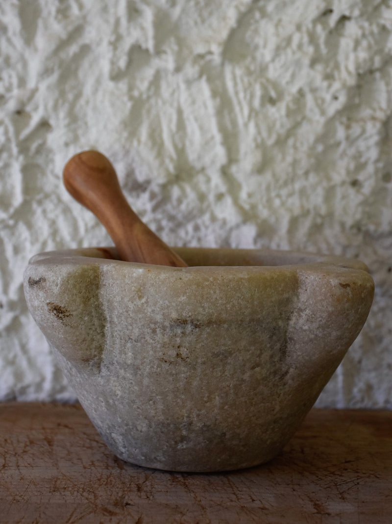 Marble mortar and olive wood pestle, 19th-century