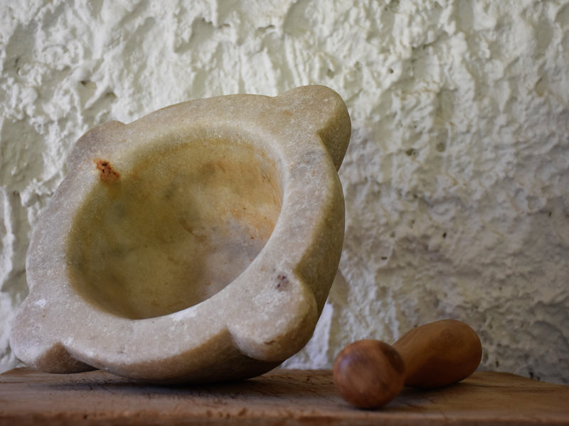 Marble mortar and olive wood pestle, 19th-century