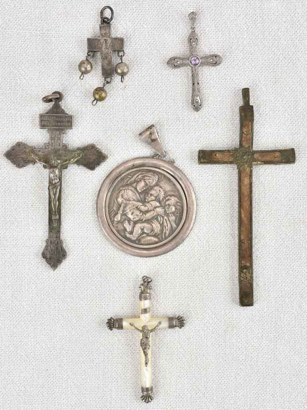 5 antique French pectoral crosses + 1 religious medallion