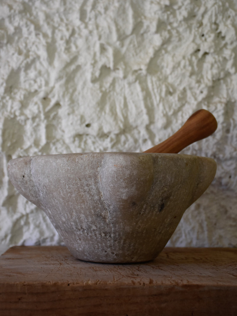 Marble mortar and olive wood pestle, 19th-century