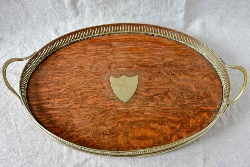 Antique English silver plate and oak based gallery tray 15¾" x 25¼"