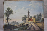 Small antique French painting of a Church and bridge 12 ½'' x 9 ¾''