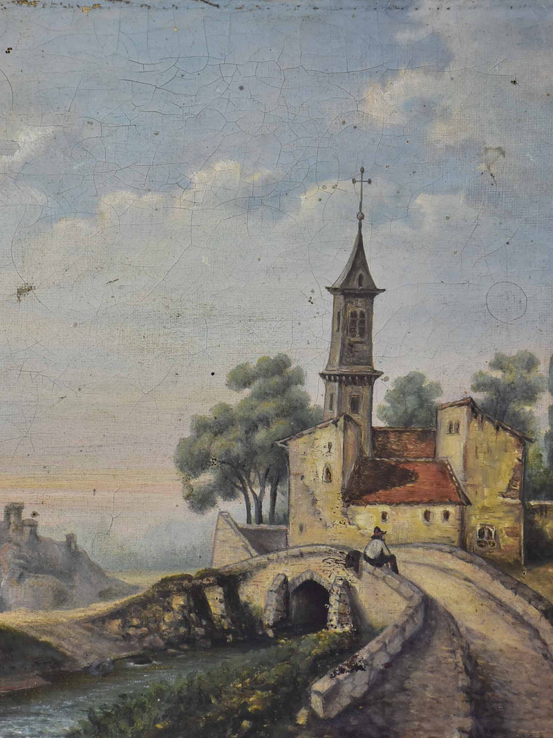 Small antique French painting of a Church and bridge 12 ½'' x 9 ¾''