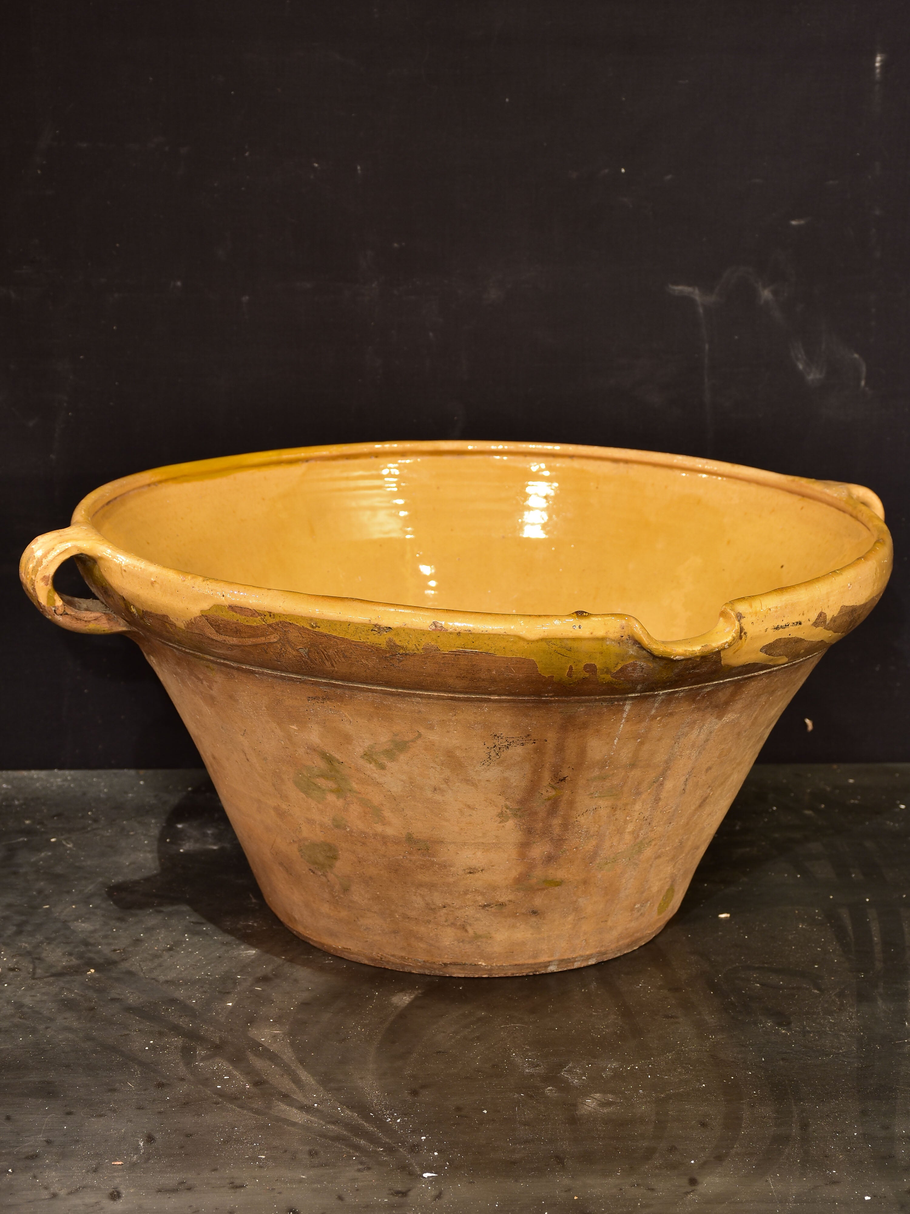 Antique French preserving bowl with yellow glaze