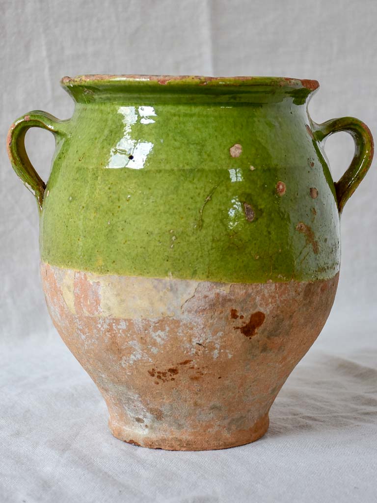 Antique French confit pot with green glaze 10¼"