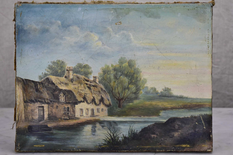 Antique French painting of a farmhouse on a river 13” x 9 ¾''