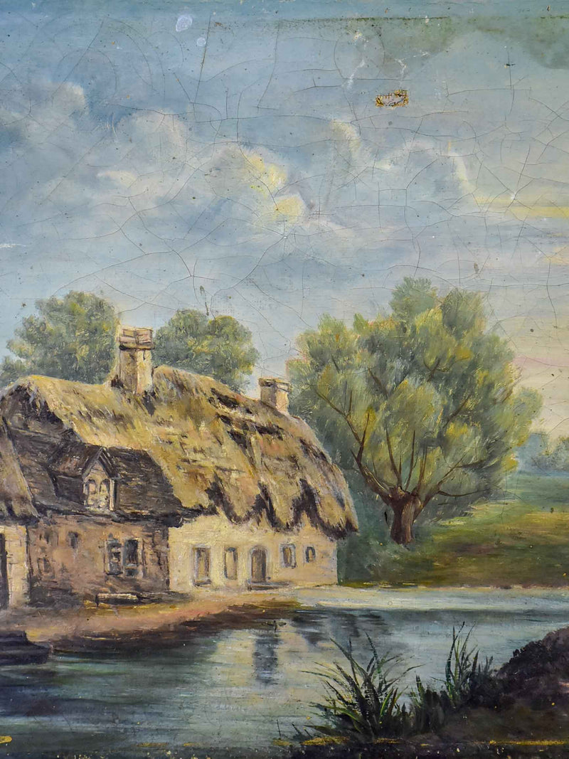 Antique French painting of a farmhouse on a river 13” x 9 ¾''