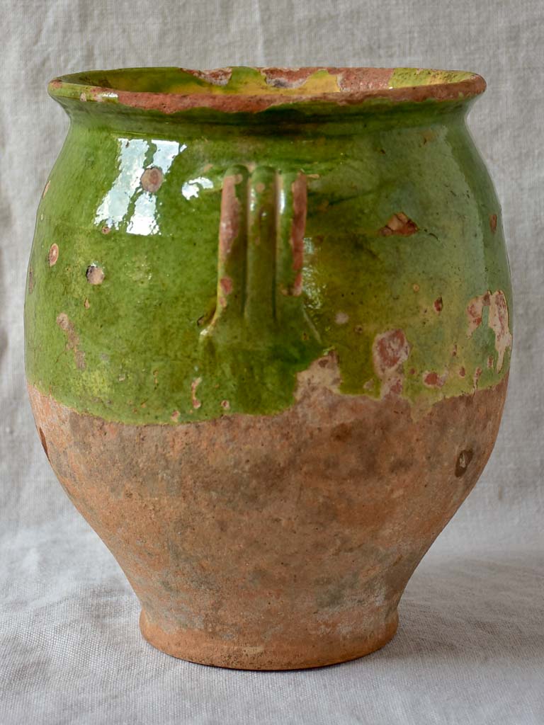 Antique French confit pot with green glaze 10¼"