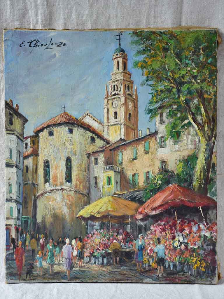 Mid century French painting of L'Isle-sur-la-Sorgue flower market 18" x 21¾"