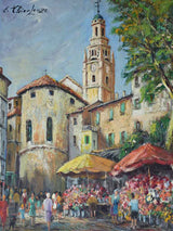 Mid century French painting of L'Isle-sur-la-Sorgue flower market 18" x 21¾"