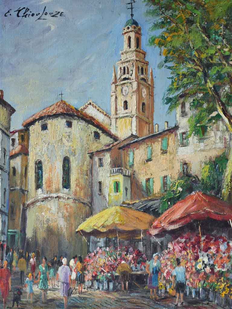 Mid century French painting of L'Isle-sur-la-Sorgue flower market 18" x 21¾"
