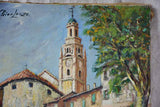 Mid century French painting of L'Isle-sur-la-Sorgue flower market 18" x 21¾"