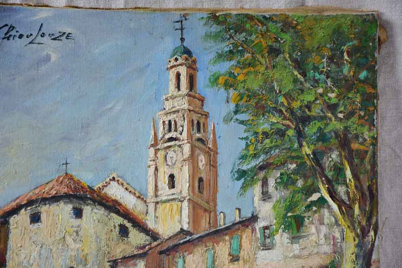 Mid century French painting of L'Isle-sur-la-Sorgue flower market 18" x 21¾"