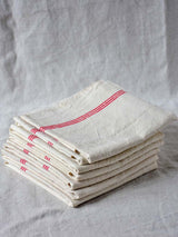 Set of 7 antique French linen tea towels with red stripes