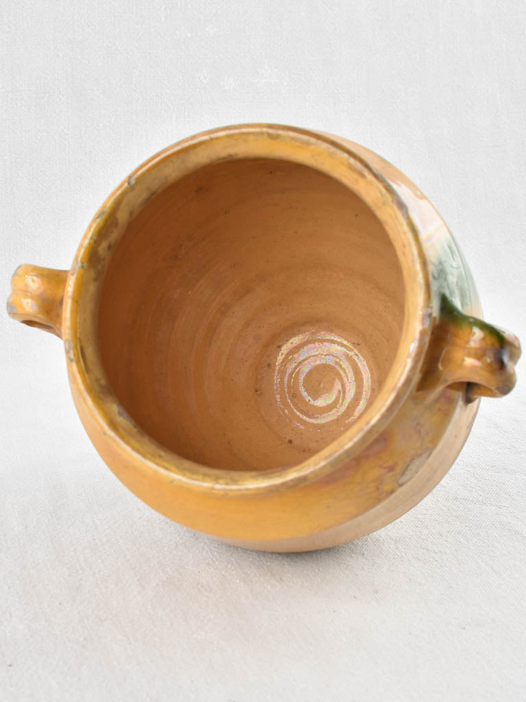 Antique French confit pot with ocher & green glaze - 9"
