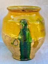 Small 19th Century French confit pot with orange glaze and a green splash 6¼"