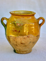 Small 19th Century French confit pot with orange glaze and a green splash 6¼"
