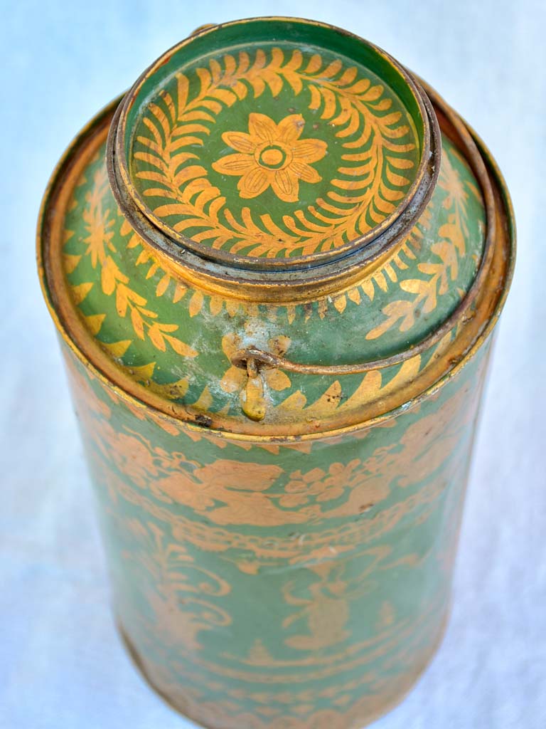 19th Century French tea tin - green and gold 13"