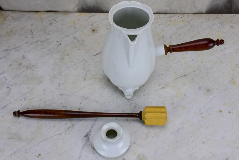 Antique French porcelain hot chocolate jug with stirrer