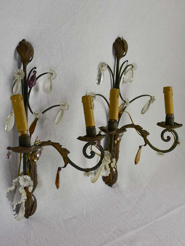 Pair of 1930's crystal and tole wall sconces 17¼"