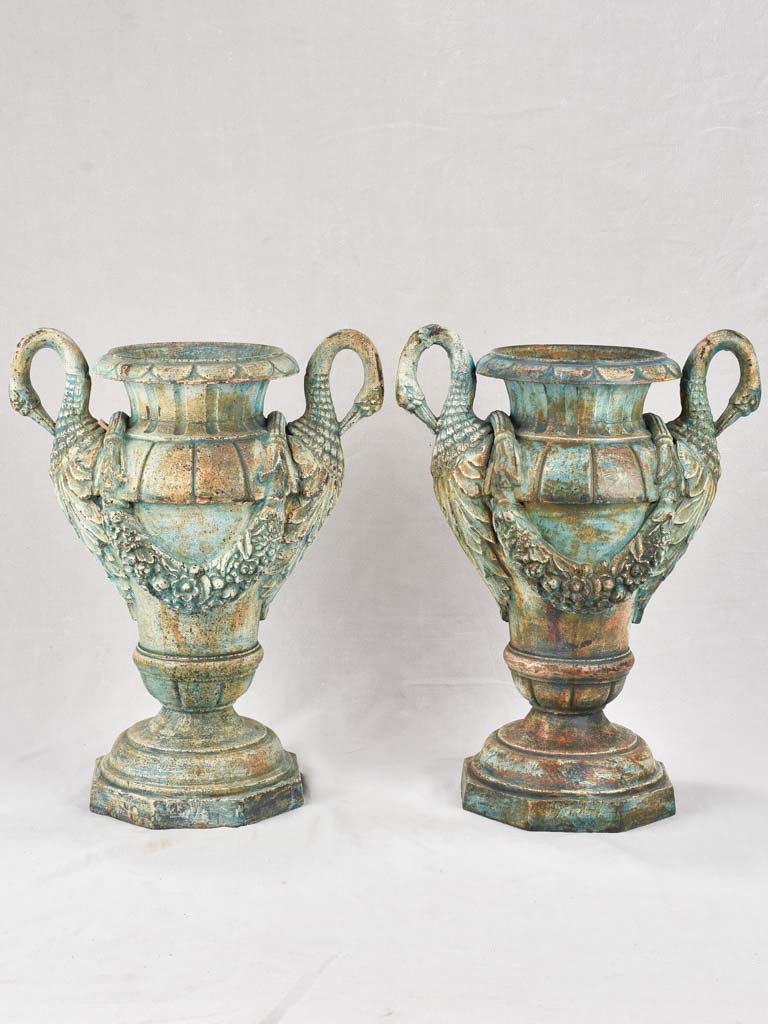 Pair of exquisite Napoleon III cast iron planters with swans and garlands 28"