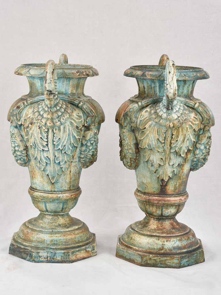 Pair of exquisite Napoleon III cast iron planters with swans and garlands 28"