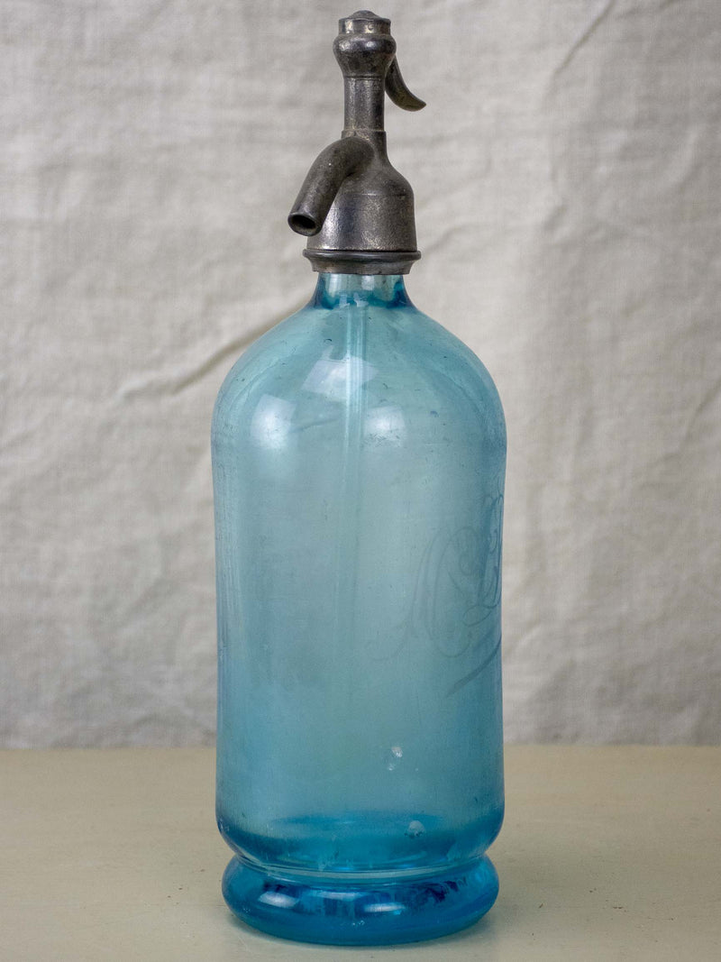 Antique French soda siphon Seltzer bottle - light blue