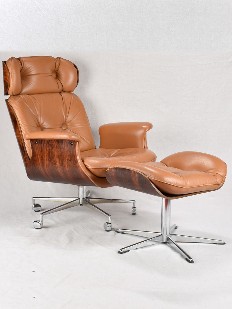 Classic 1960s brown leather armchair and footrest - George Mulhauser for Plycraft USA