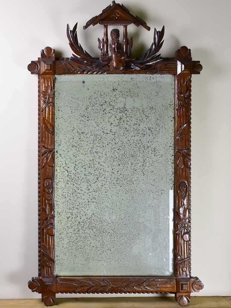 Folk art mirror dated 1891 carved wood - Foret Noire 30¾" x 53¼"