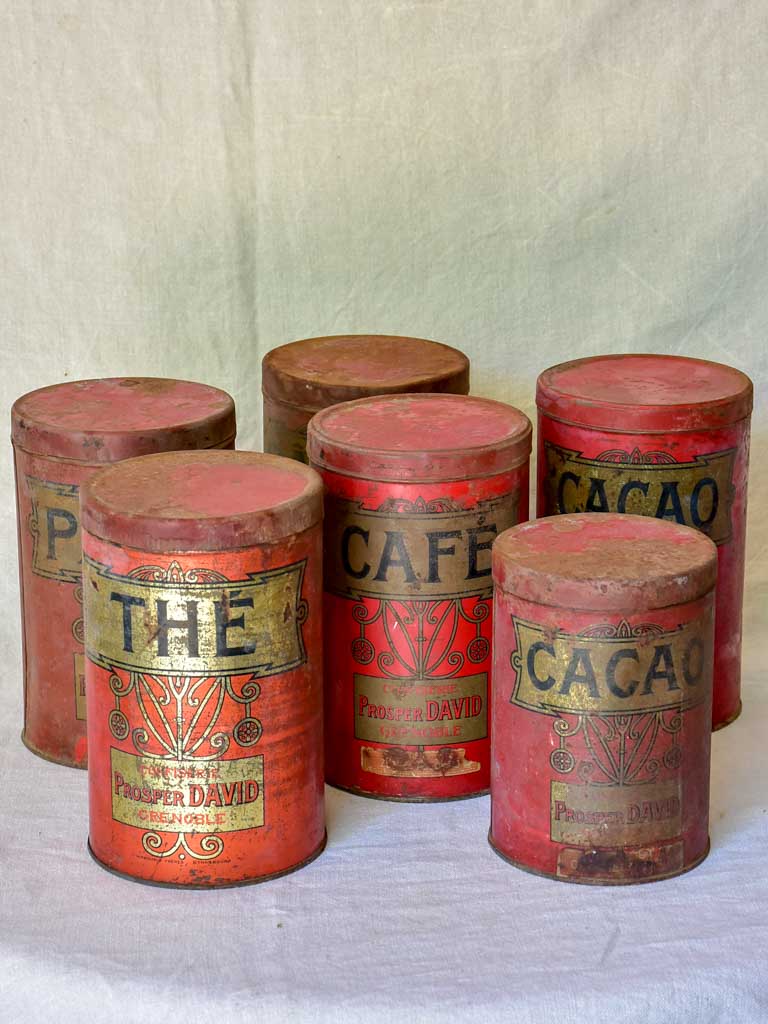 Collection of 6 antique French tole storage tins 9½"