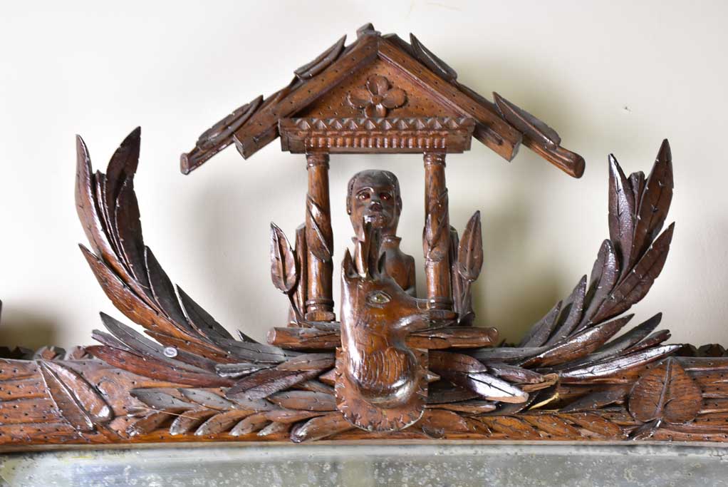 Folk art mirror dated 1891 carved wood - Foret Noire 30¾" x 53¼"