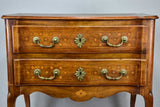Antique French marquetry sauteuse commode with hoof feet