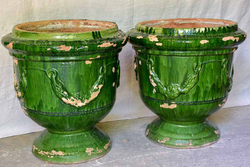 Pair of large French garden urns with Green glaze from St John De Fos 26"