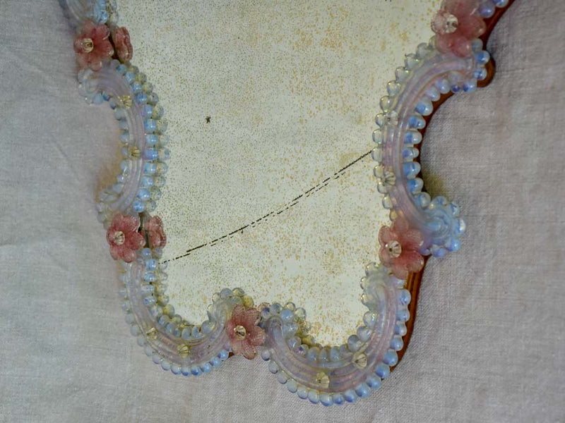 Antique Venetian mirror with pink glass flower frame 20" x  17¾"