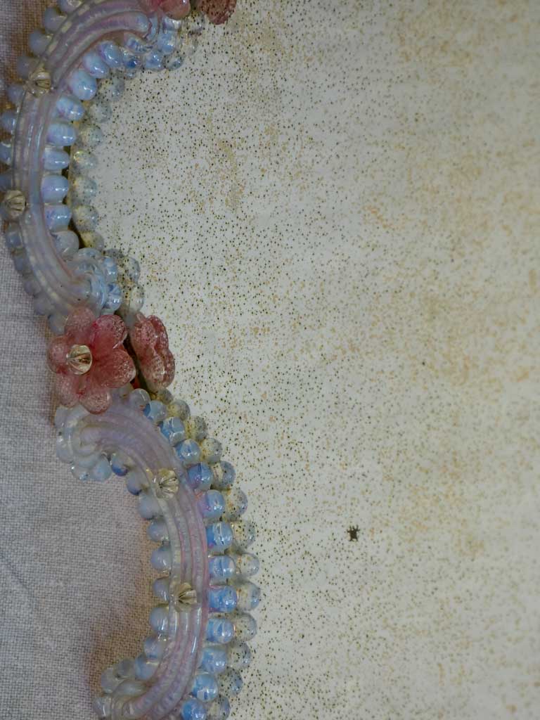 Antique Venetian mirror with pink glass flower frame 20" x  17¾"